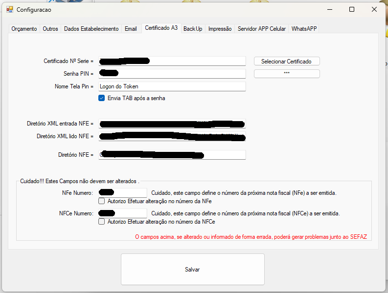 Tela de Configuração com Certificado A3