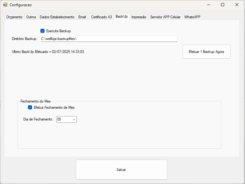 Tela de Configuração - BackUp