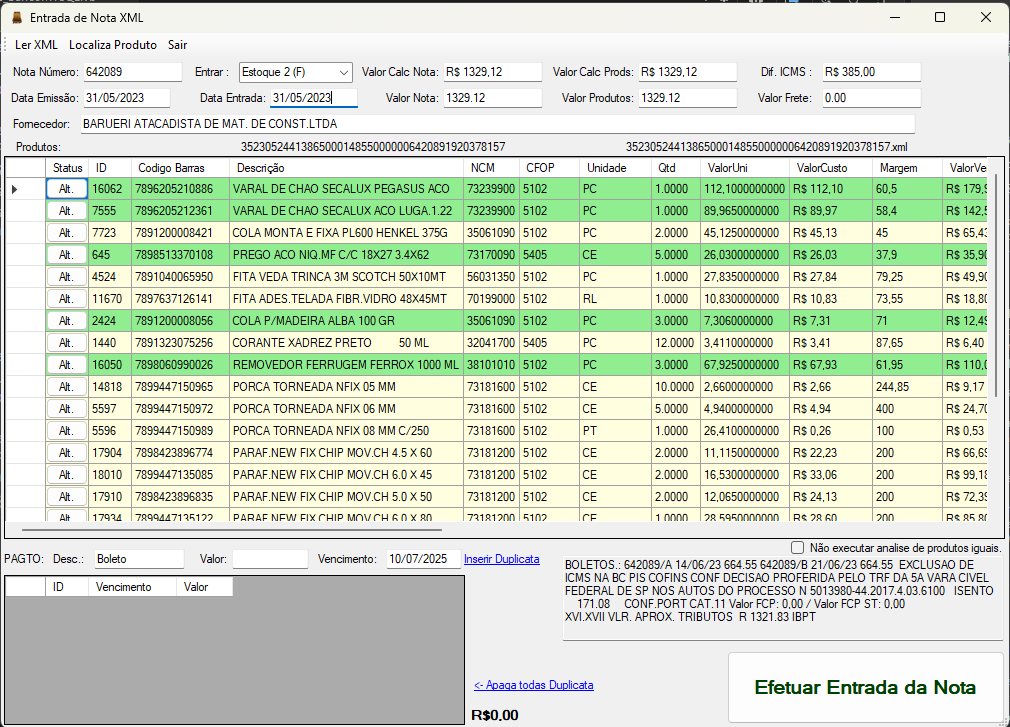 Tela de Entrada de Nota via XML