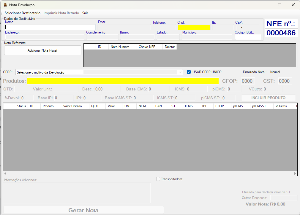 Tela de Nota de Devolução