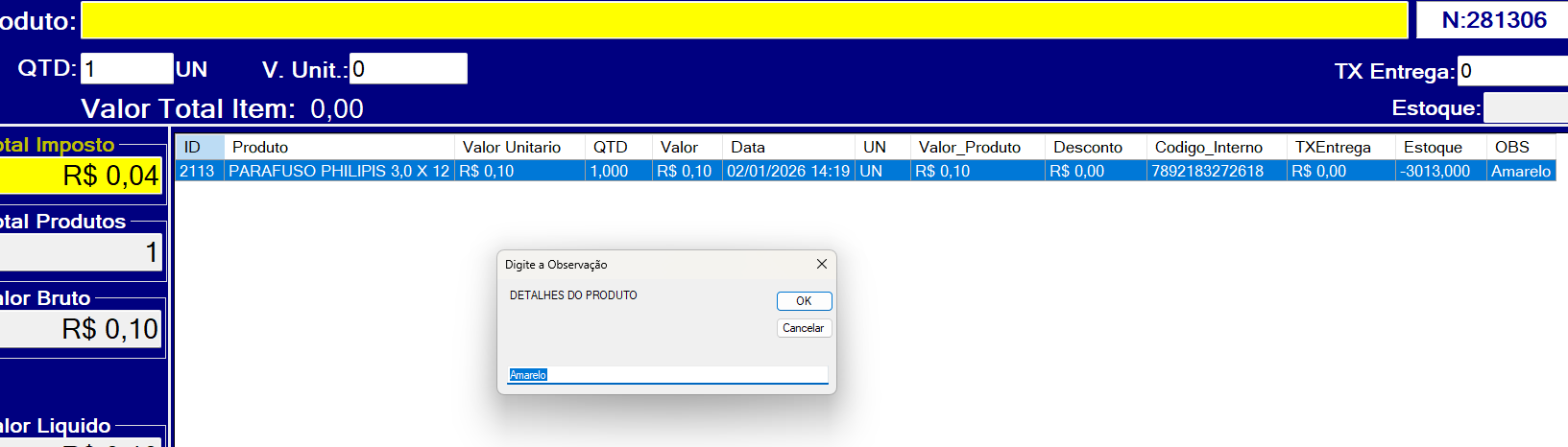 Tabela de produtos mostrando o campo OBS
