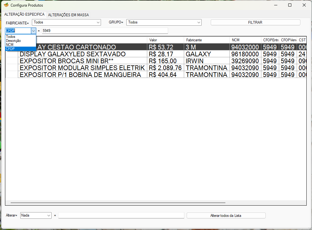 Filtros de busca na tela Configura Produtos