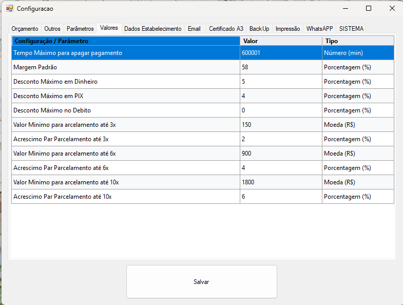Tela de Configuração na aba Valores do WellFinanceiro