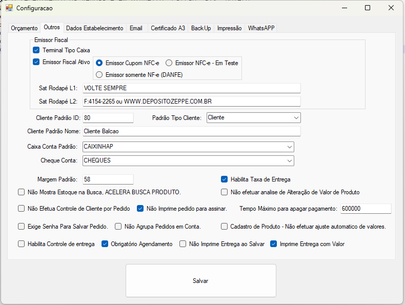 Tela de Configuração Aba Outros
